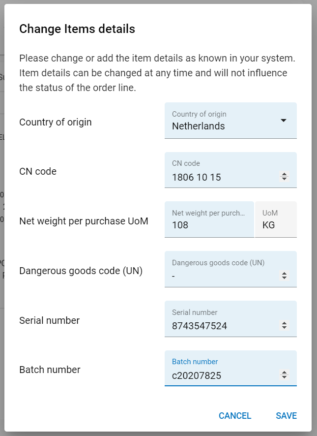 PO detail page – item details leverancier artikelinformatie
